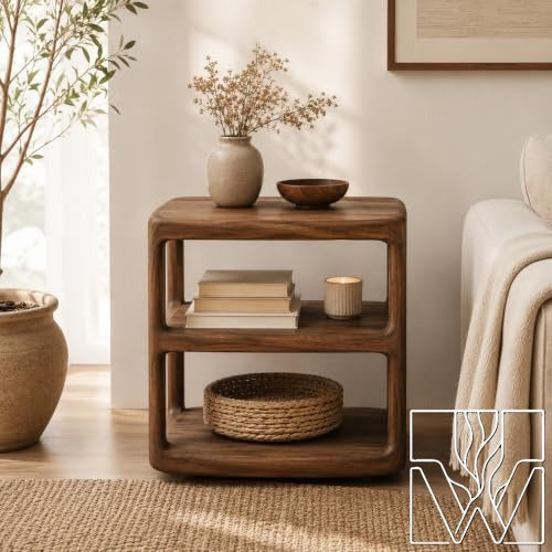 Solid Wood Nightstand Bedside Table with three-tier open shelving
