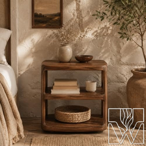 Solid Wood Nightstand Bedside Table with three-tier open shelving