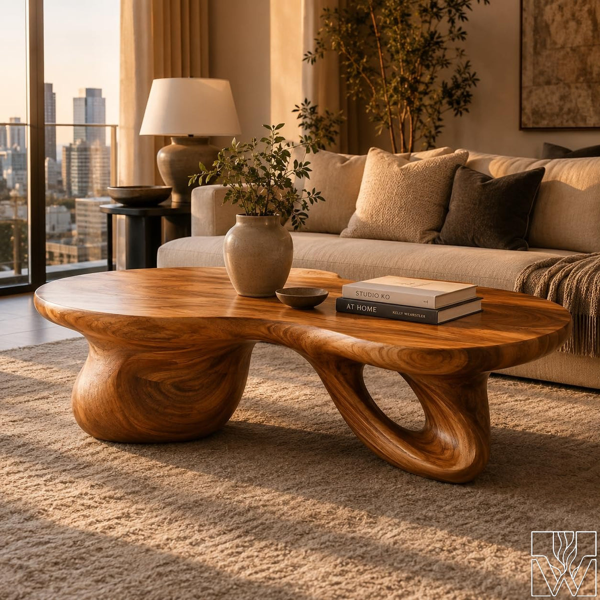 Handcrafted Solid Wood Accent Table with Sculptural Accent Design