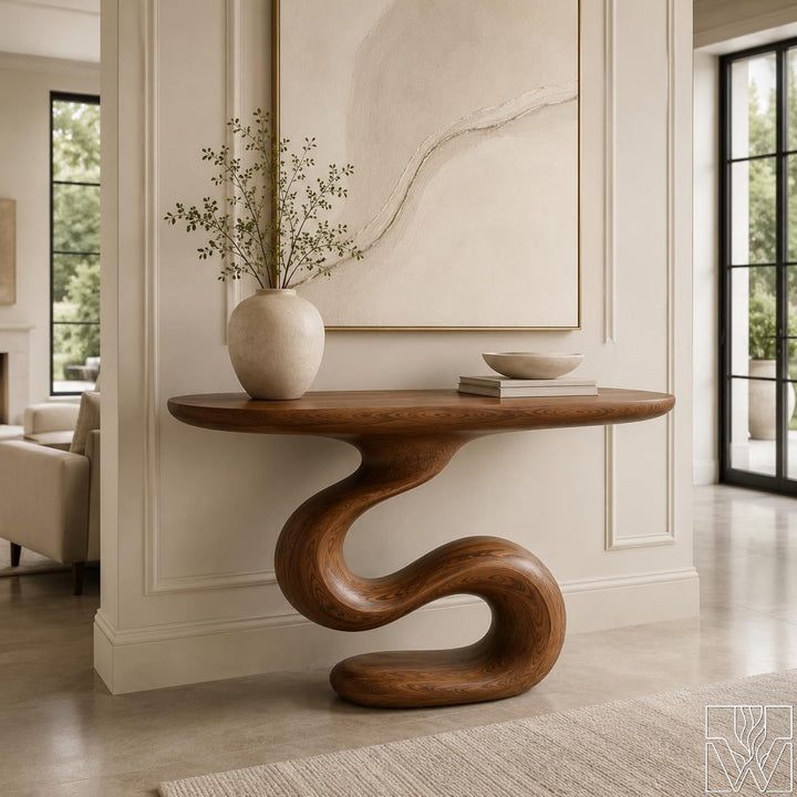 The Serpentine Balance Wood Console Table with Curved Pedestal Base