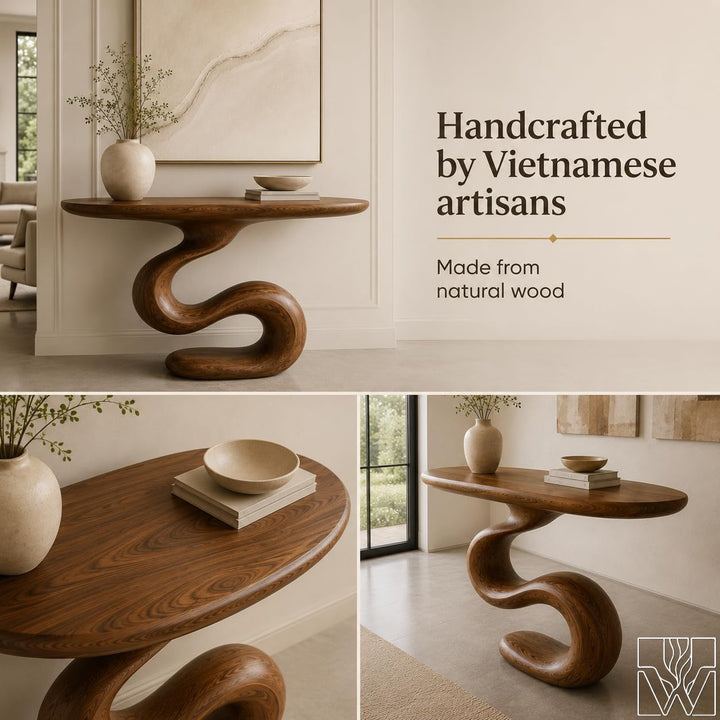The Serpentine Balance Wood Console Table with Curved Pedestal Base