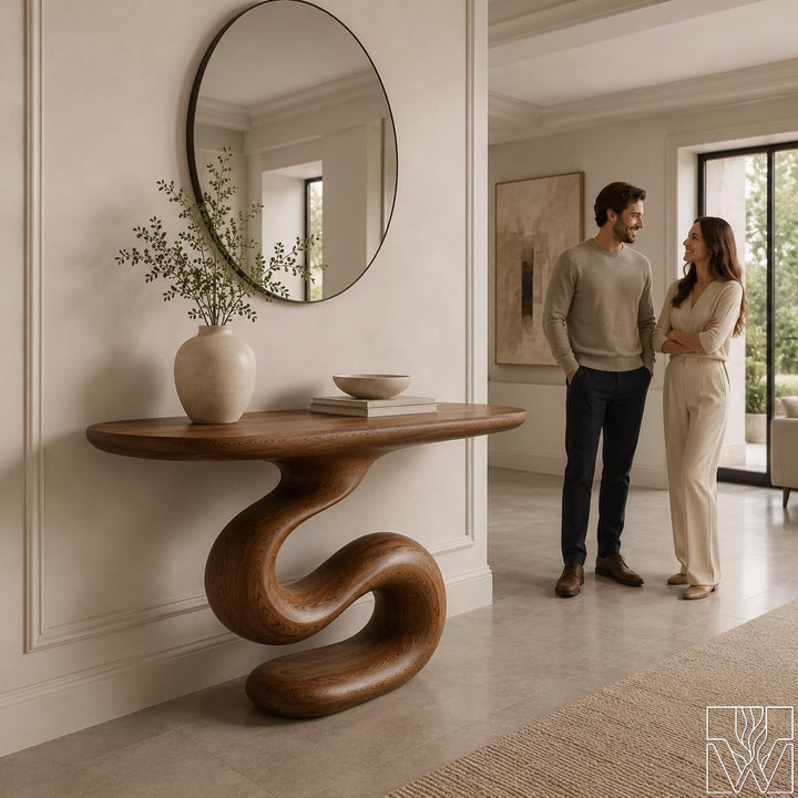 The Serpentine Balance Wood Console Table with Curved Pedestal Base