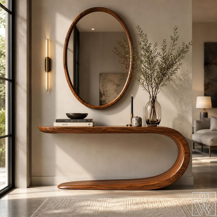 The Calder Arc Curved Wood Console Table with Sculptural Wave Profile