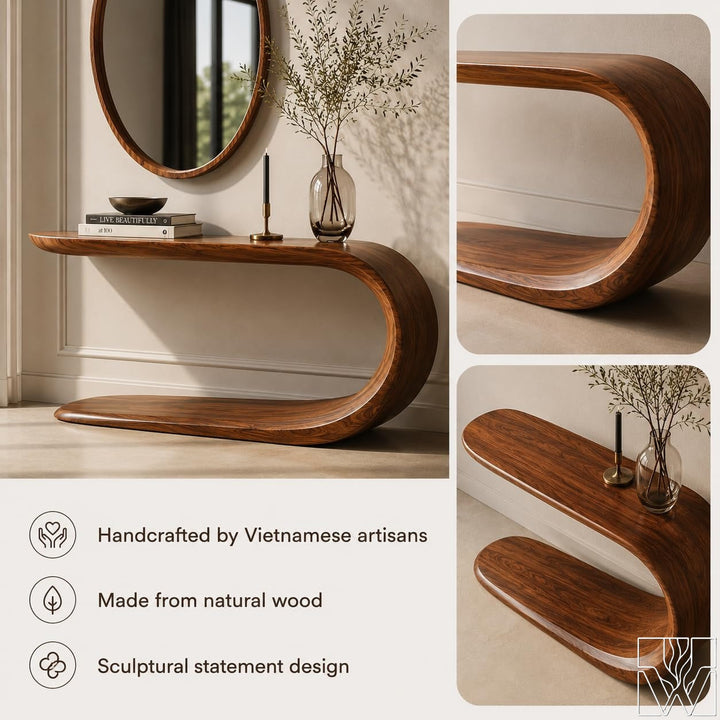 The Calder Arc Curved Wood Console Table with Sculptural Wave Profile