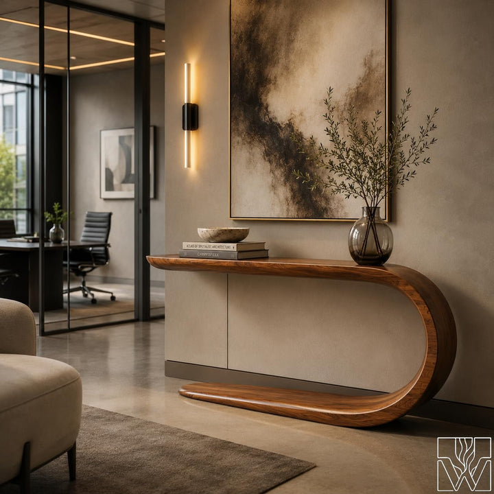 The Calder Arc Curved Wood Console Table with Sculptural Wave Profile