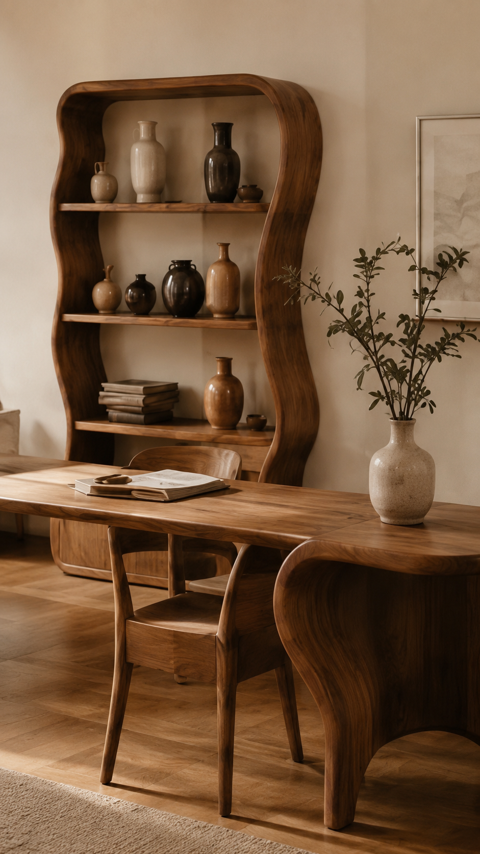 Sculptural solid wood shelving and desk in a warm WRYDECO interior