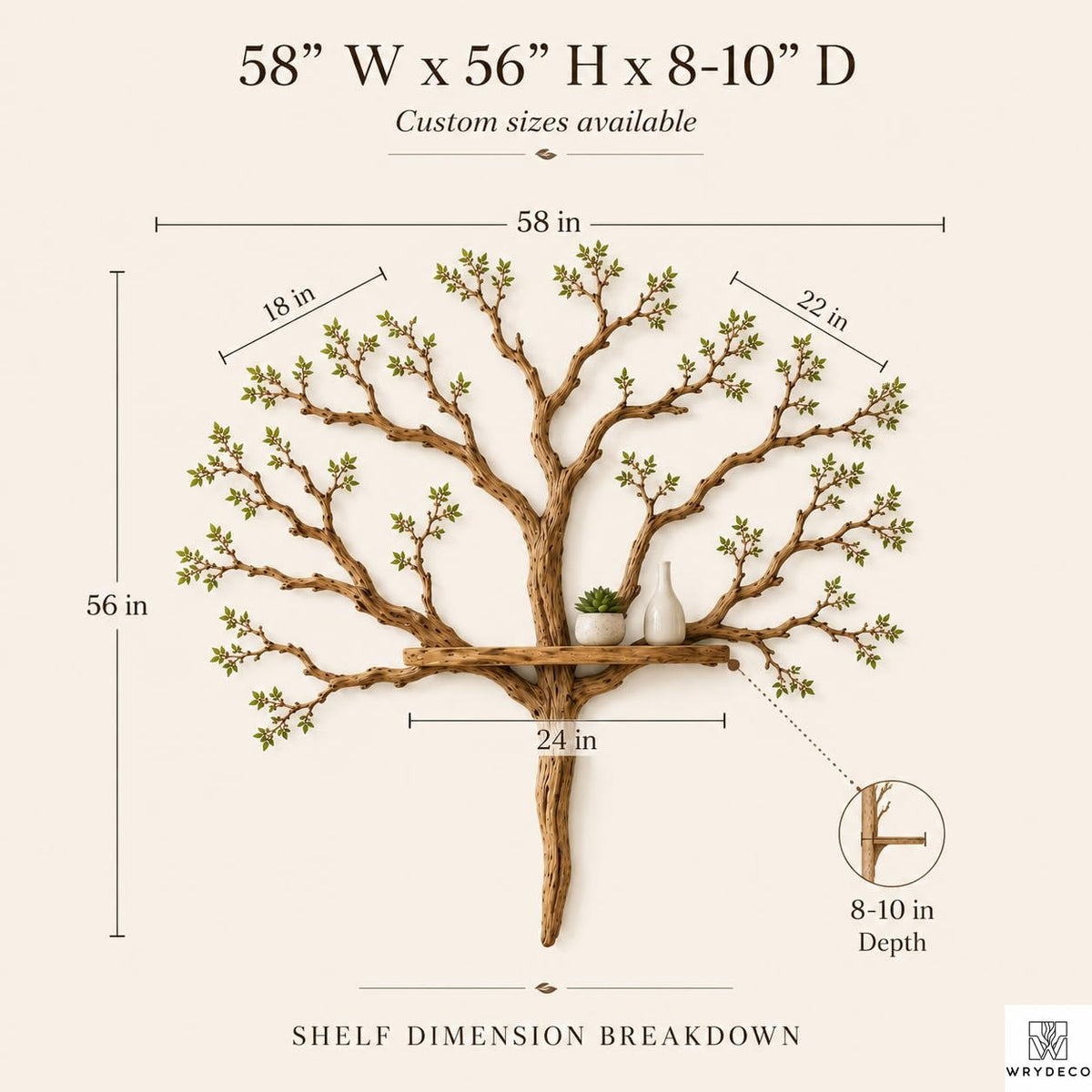 PREAUREUM Handcrafted Tree Branch Floating Wood Wall Shelf (C03)