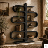 Solid Wood Sculptural Bookshelf for Home or Office - View 1. Sculptural Curved Storage A statement solid wood bookshelf that combines open storage with a flowing curved silhouette, bringing warmth, artistic character, and practical display space into modern interiors. 01 Sculptural Curved Design The flowing curved silhouette blends functional shelving with an artistic form, creating a modern focal point while providing open display space for books, plants, décor, and everyday objects. 02 Solid Wood Craft...