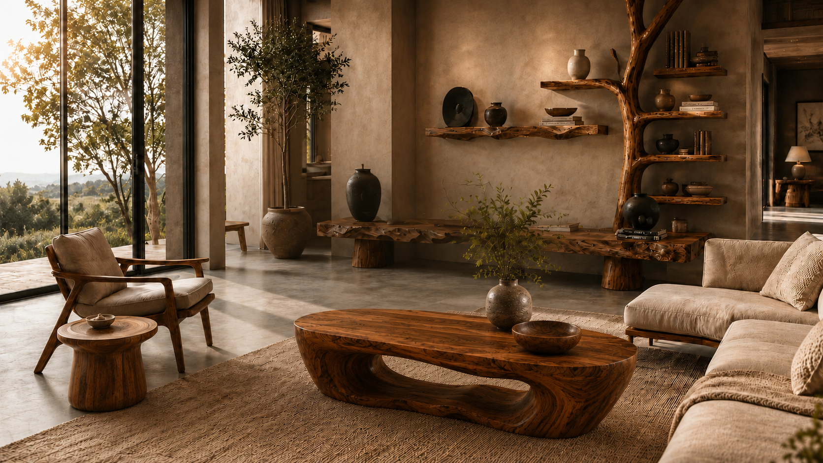 Sculptural handcrafted natural wood furniture in a warm gallery-like living room