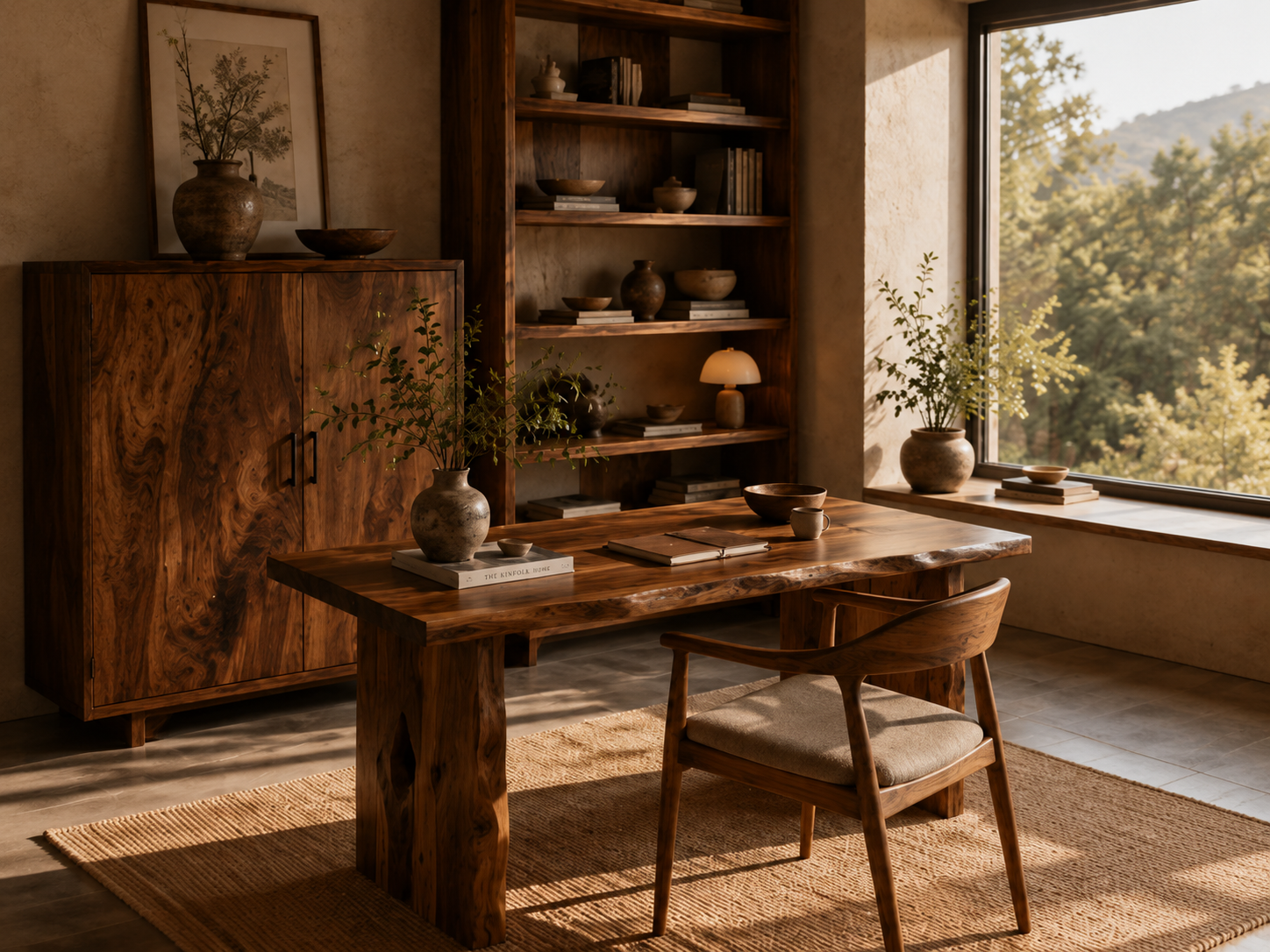 A handcrafted natural wood table and shelving in a warm, sunlit interior