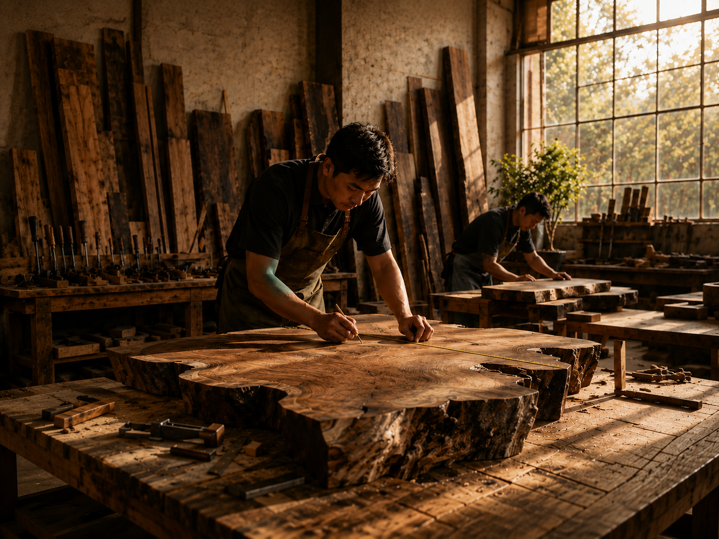 WRYDECO artisans shaping a sculptural natural wood table in the workshop