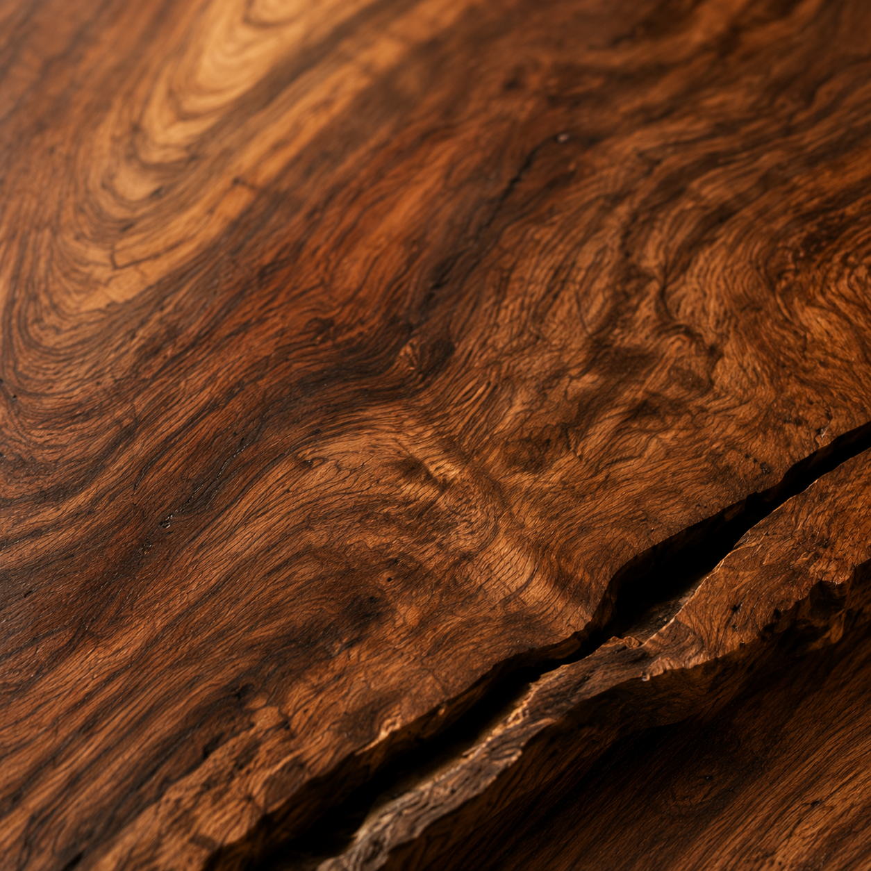 Close view of expressive natural wood grain and a live edge