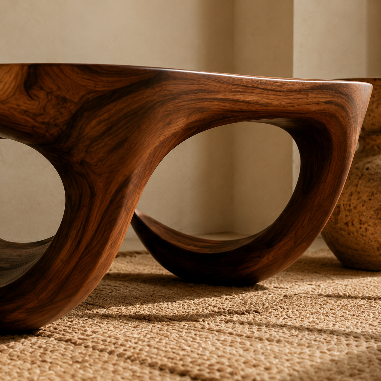 Sculptural handcrafted wood furniture with flowing organic curves