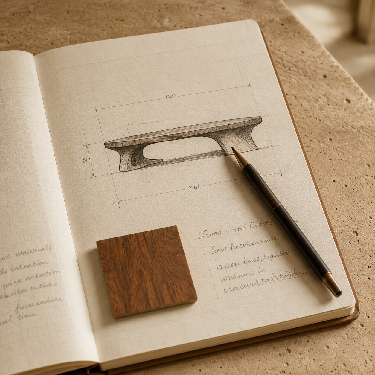 Furniture design sketchbook with material sample and pencil