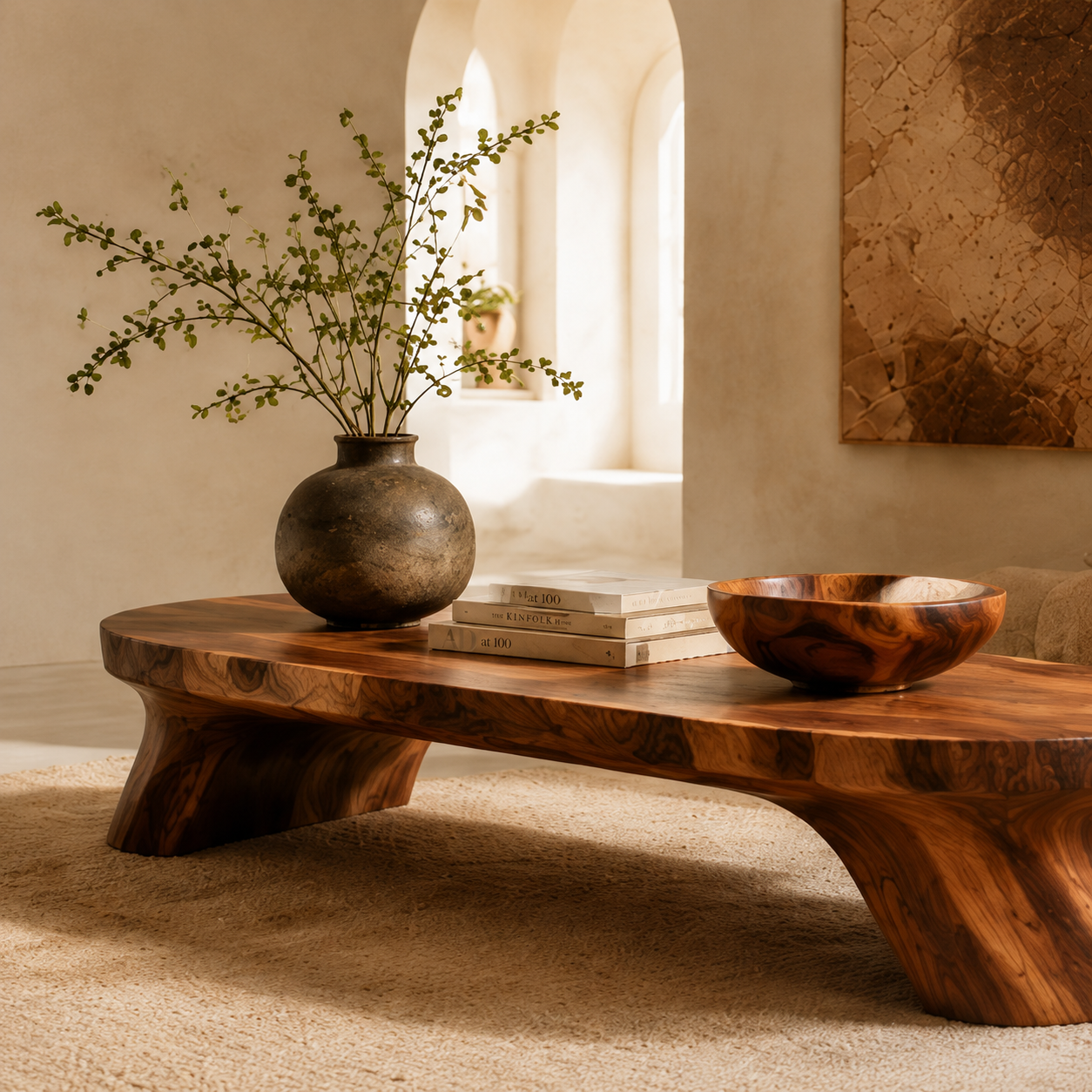 Finished natural wood coffee table in a warm interior