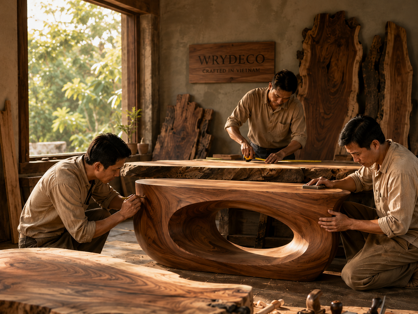 Vietnamese artisans hand-finishing a sculptural solid wood table in the WRYDECO workshop