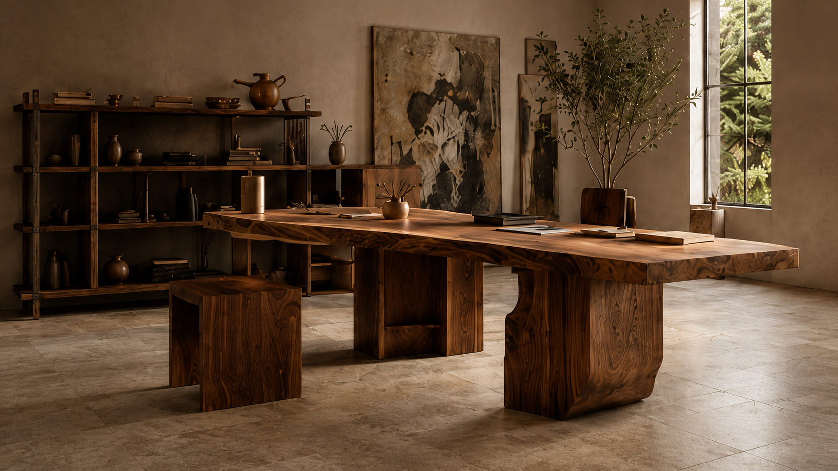 Custom natural wood worktable in a warm creative studio