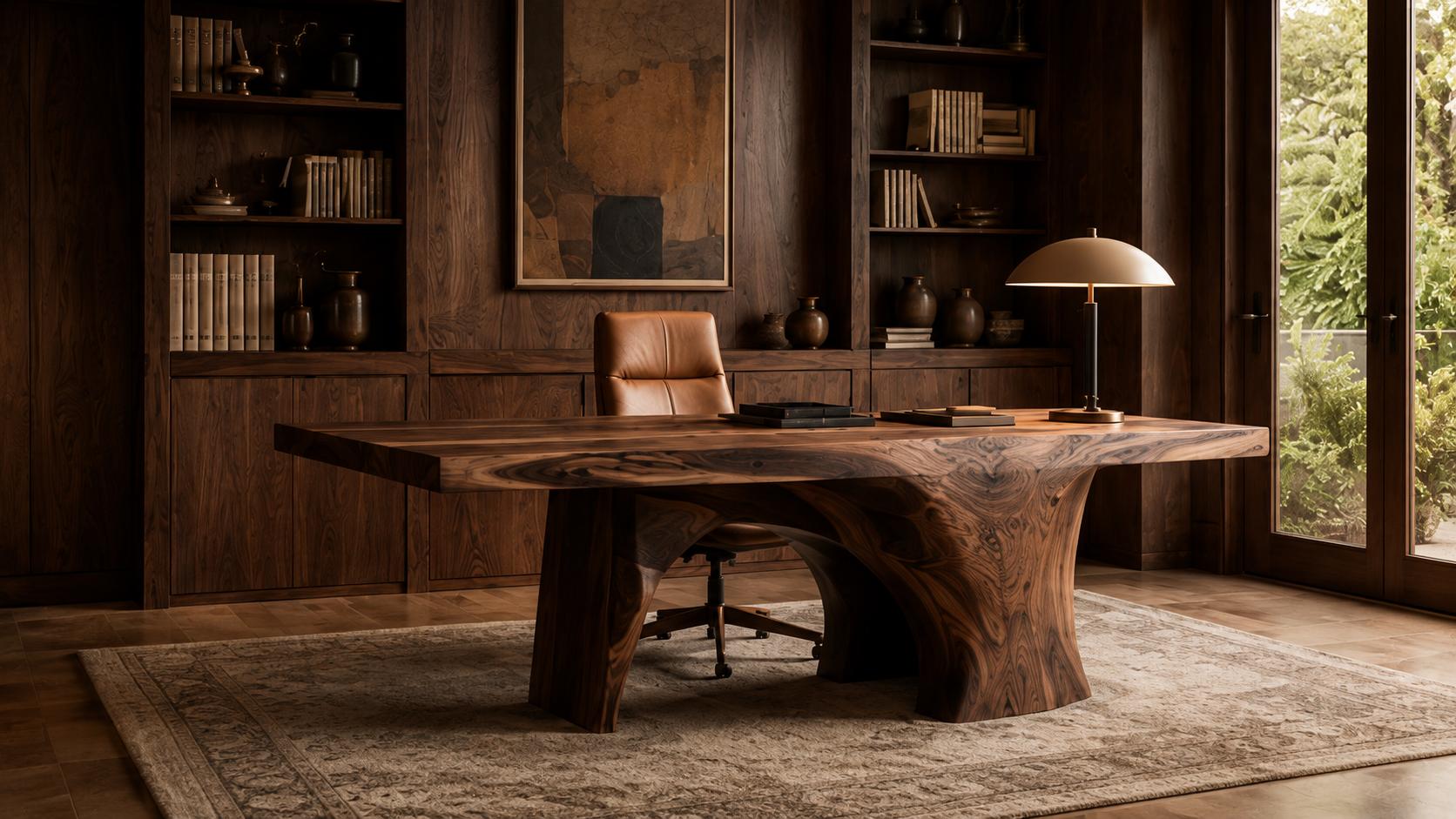 Sculptural natural wood desk in a refined home office