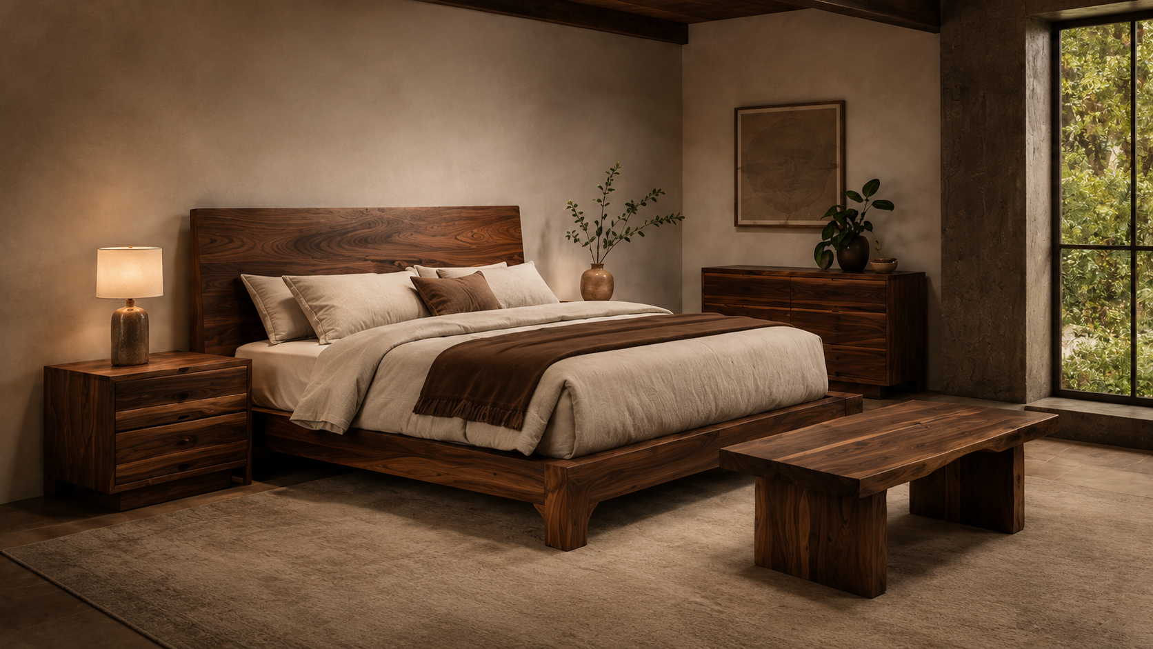 Handcrafted natural wood bed and furniture in a serene bedroom