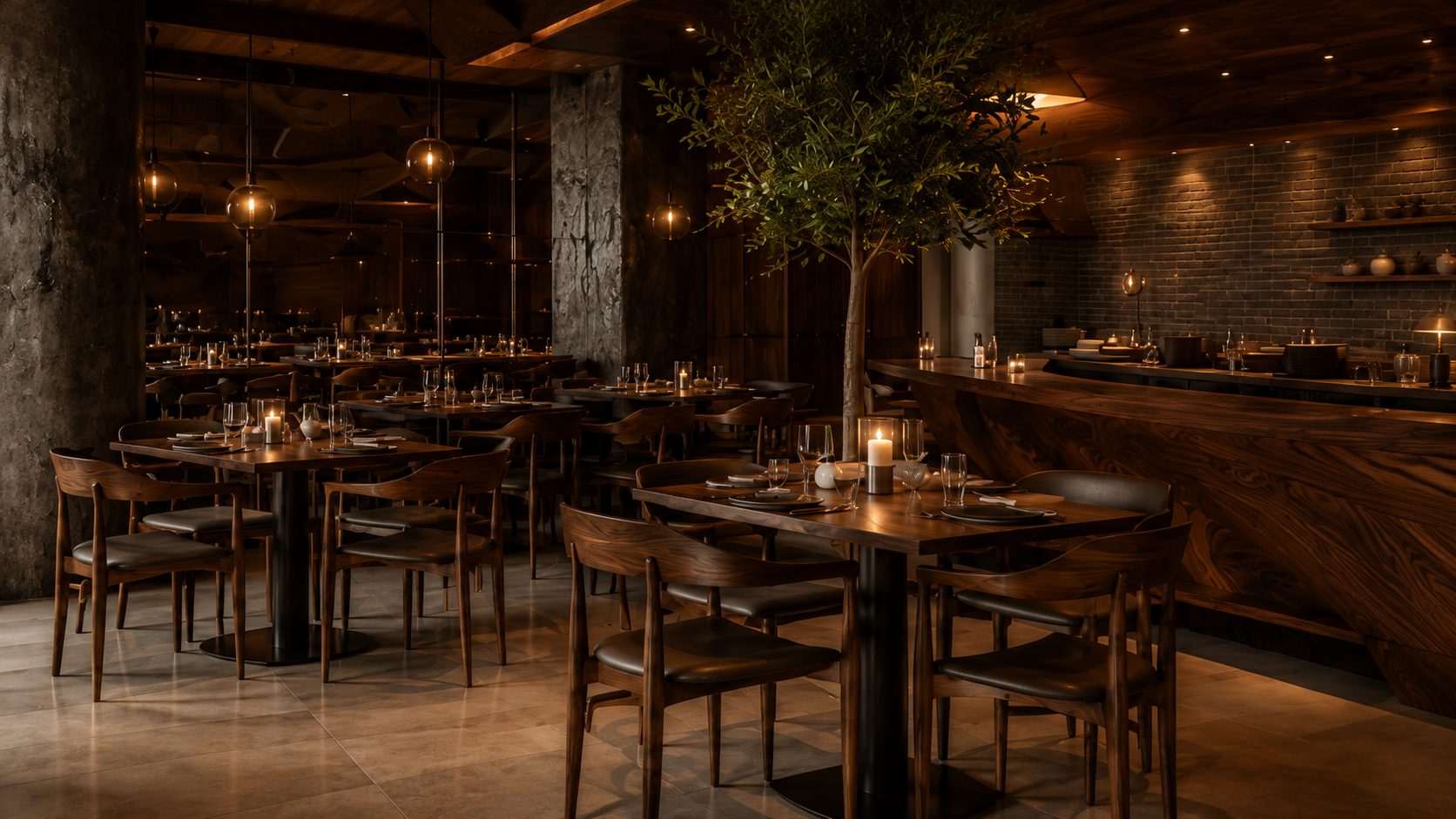 Bespoke natural wood furniture in an intimate restaurant dining space