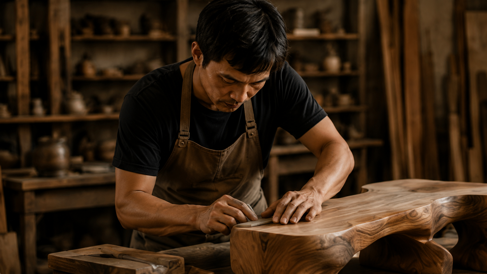 Vietnamese artisan hand-finishing a sculptural solid wood table