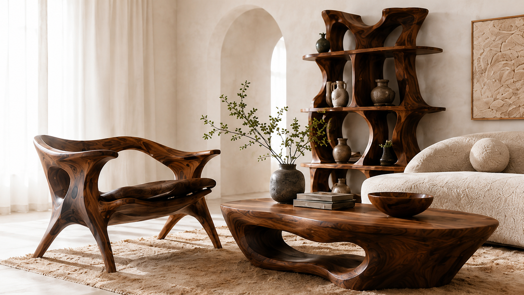 A gallery of sculptural natural wood furniture in a calm interior