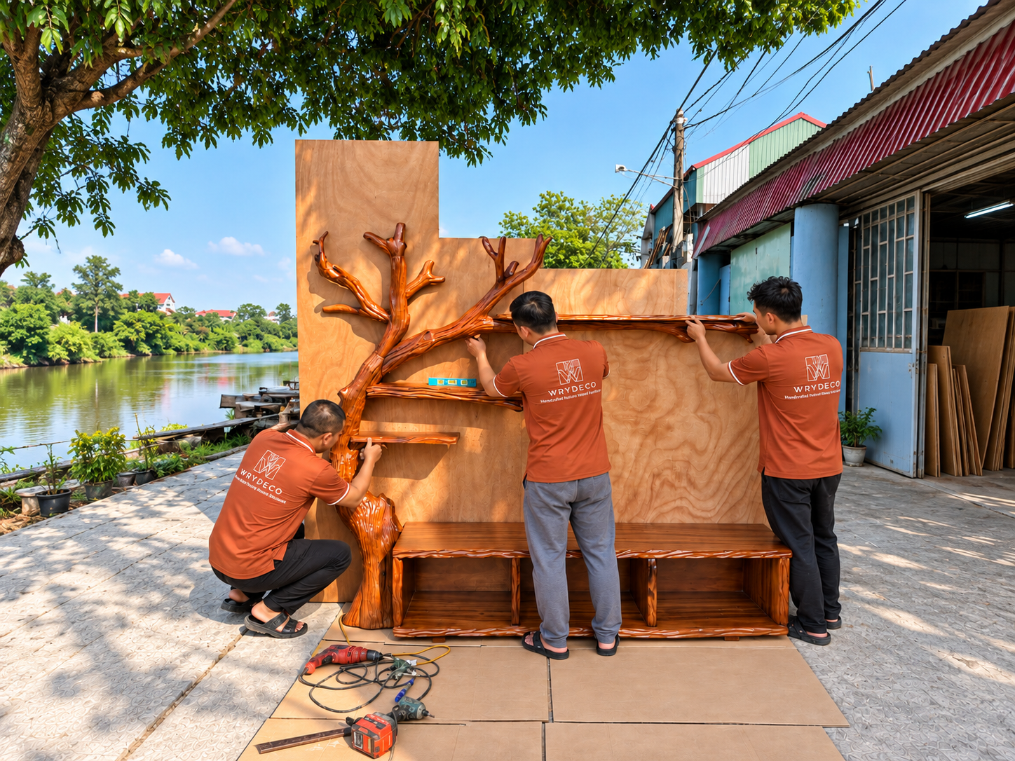WRYDECO artisans shaping a sculptural natural wood table in the workshop