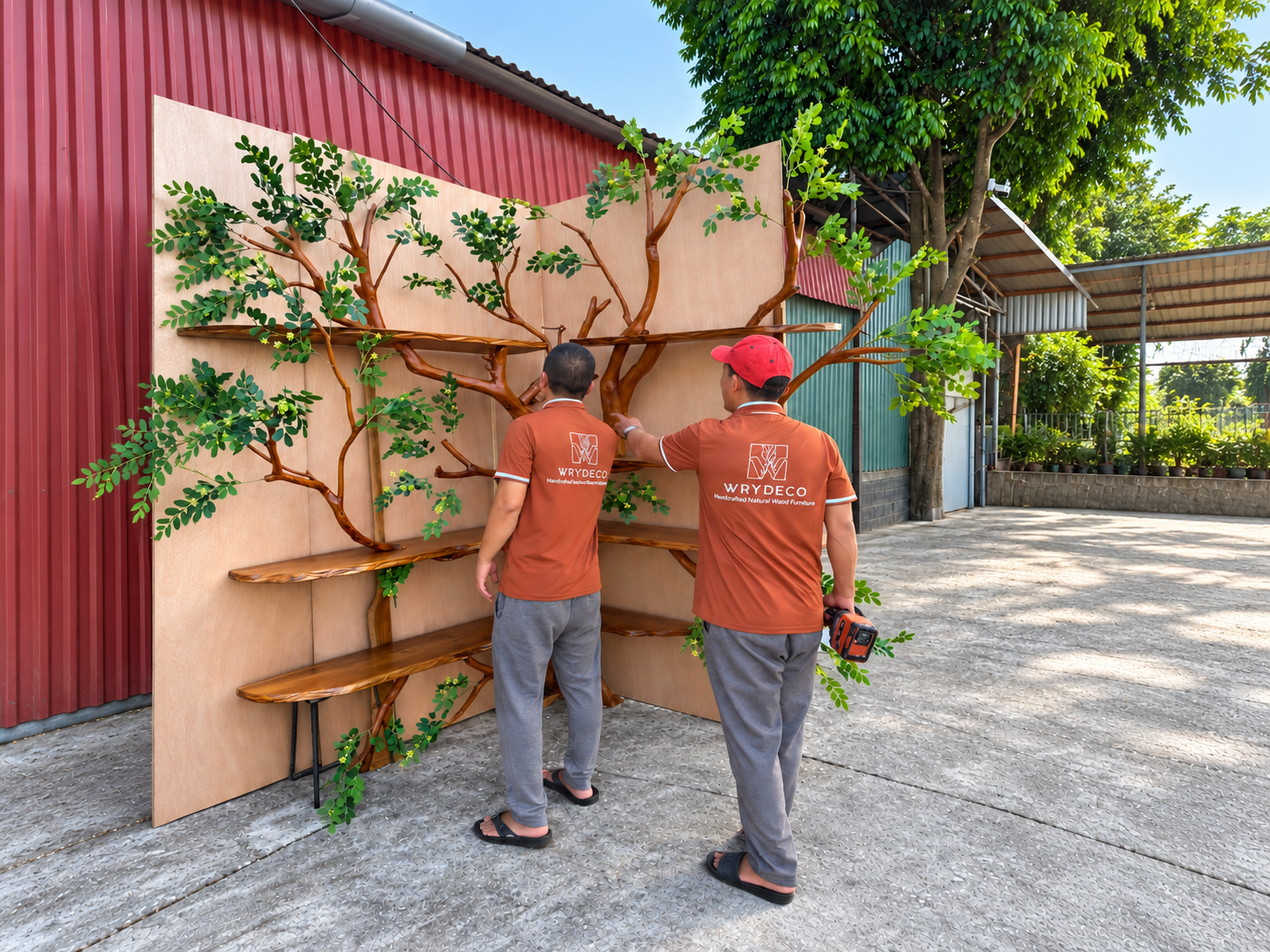 Vietnamese artisans hand-finishing a sculptural solid wood table in the WRYDECO workshop