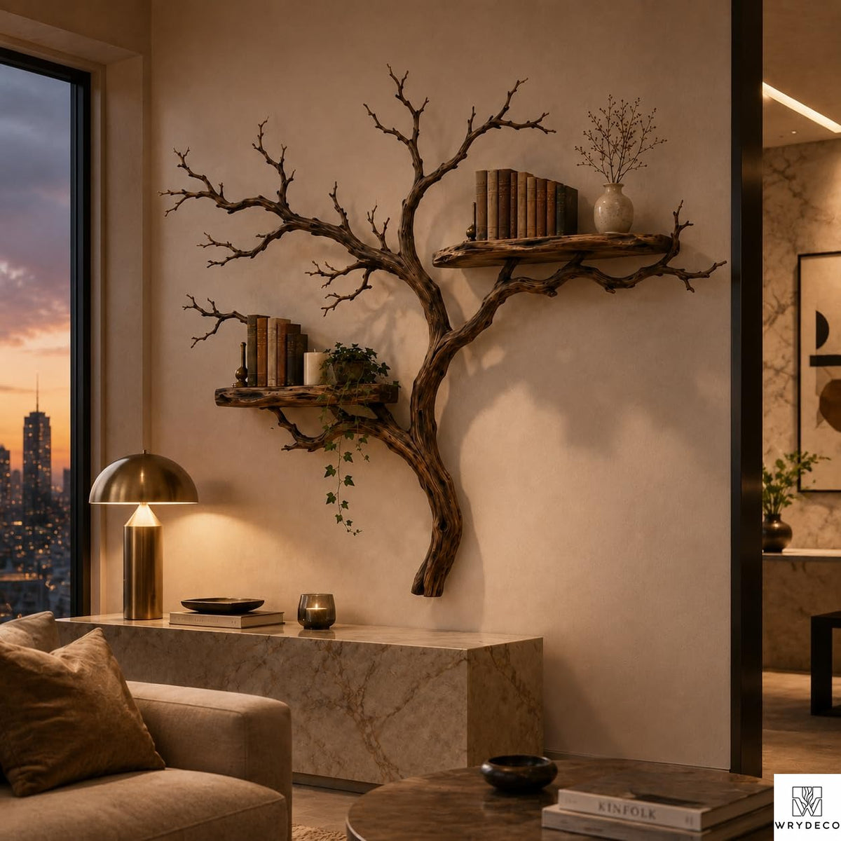 Handcrafted Tree Branch Floating Shelves – Unique Natural Wood Wall Shelf Set, Sculptural Art Display Bookcase for Living Room, Study, Bedroom & Home Library (2 Level Shelves) (C1)
