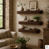 Decorative Floating Wood Shelf with Layered Scalloped Edge - View 2. Textured Floating Wall Display Add warmth, texture, and practical display space to your wall with a handmade-style floating shelf featuring layered scalloped trim, vertical fluted details, and customizable sizing. 01 Fluted Wood-Inspired Design Layered scalloped trim and vertical fluted detailing give the shelf a warm, dimensional appearance that adds texture and decorative character to the wall. 02 Custom Sizing for Your Space Custom s...
