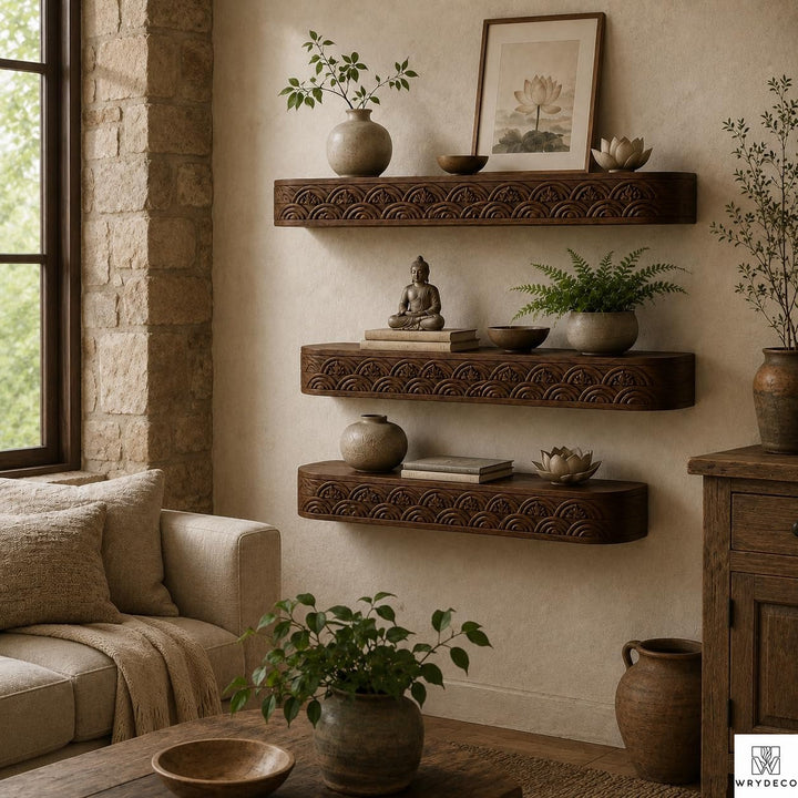 Decorative Floating Wood Shelf with Layered Scalloped Edge - View 2. Textured Floating Wall Display Add warmth, texture, and practical display space to your wall with a handmade-style floating shelf featuring layered scalloped trim, vertical fluted details, and customizable sizing. 01 Fluted Wood-Inspired Design Layered scalloped trim and vertical fluted detailing give the shelf a warm, dimensional appearance that adds texture and decorative character to the wall. 02 Custom Sizing for Your Space Custom s...