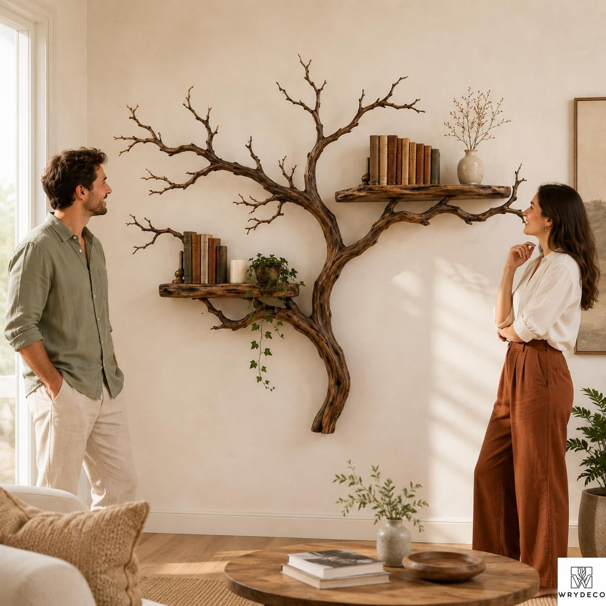 Handcrafted Tree Branch Floating Shelves – Unique Natural Wood Wall Shelf Set, Sculptural Art Display Bookcase for Living Room, Study, Bedroom & Home Library (2 Level Shelves) (C1)