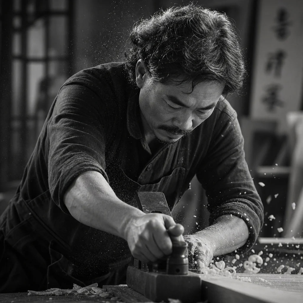 Huan Ngo shaping a handcrafted solid wood piece