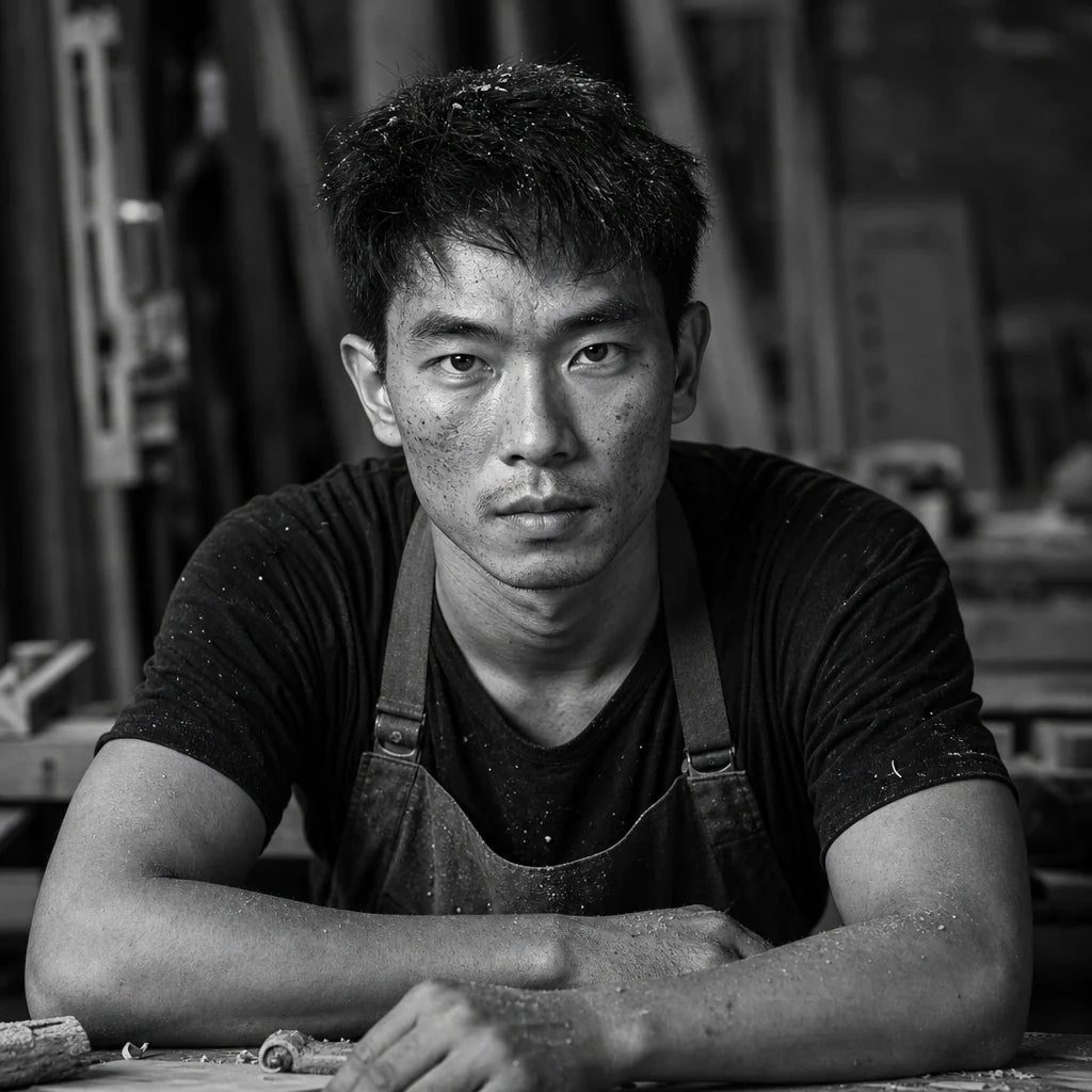 Trung Le hand-finishing natural wood in the workshop