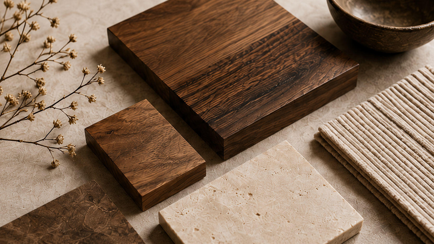 Natural wood surface, books, and handcrafted decor selected for a custom interior