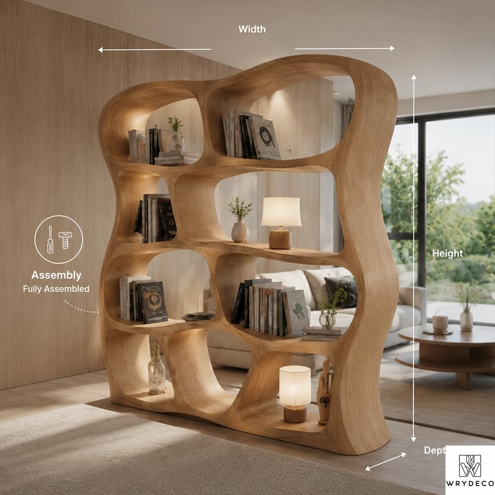 Solid Wood Curved Display Shelf for Living Room Decor - View 2. Sculptural Open-Shelf Statement Turn everyday storage into a design feature with a sculptural freestanding bookshelf featuring an organic curved silhouette, open compartments, and flexible display space. 01 Statement Bookshelf Design The organic curved silhouette adds warmth, movement, and visual interest while creating an artistic place to arrange books, pottery, candles, framed photos, and decorative accents. 02 Solid Wood Appearance A sub...