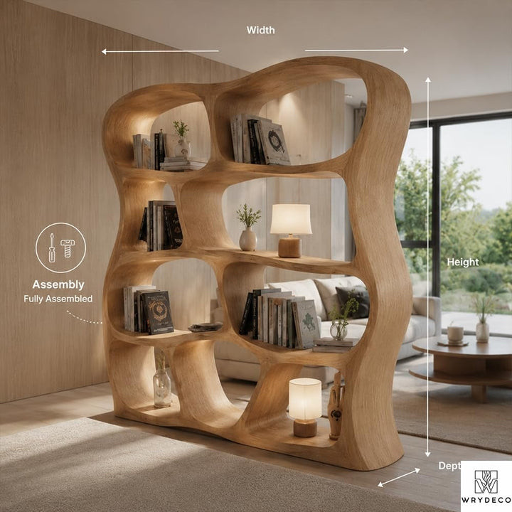 Solid Wood Curved Display Shelf for Living Room Decor - View 2. Sculptural Open-Shelf Statement Turn everyday storage into a design feature with a sculptural freestanding bookshelf featuring an organic curved silhouette, open compartments, and flexible display space. 01 Statement Bookshelf Design The organic curved silhouette adds warmth, movement, and visual interest while creating an artistic place to arrange books, pottery, candles, framed photos, and decorative accents. 02 Solid Wood Appearance A sub...