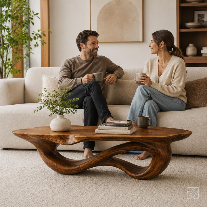 WAZARO Handcrafted Oak Wood Coffee Table - Sculptural Wave Design
