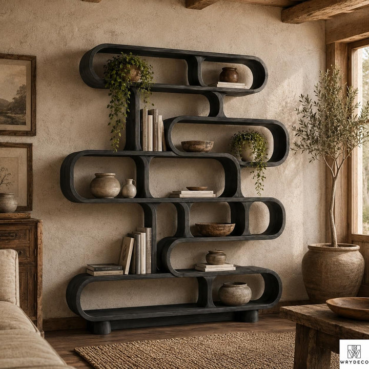 Curved Wood Display Bookcase with Modern Storage Design - View 1. Sculptural Curved Storage A statement solid wood bookshelf that combines open storage with a flowing curved silhouette, bringing warmth, artistic character, and practical display space into modern interiors. 01 Sculptural Curved Design The flowing curved silhouette blends functional shelving with an artistic form, creating a modern focal point while providing open display space for books, plants, décor, and everyday objects. 02 Solid Wood ...