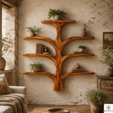 Contemporary Wooden Tree Bookcase, Wall Mounted Branch Display Shelf with 8" D Open Storage for Living Room, Office & Plant Decor (Option 3)