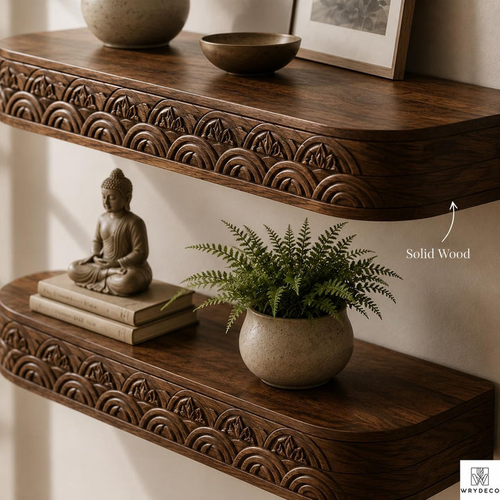 Decorative Floating Wood Shelf with Layered Scalloped Edge - View 4. Textured Floating Wall Display Add warmth, texture, and practical display space to your wall with a handmade-style floating shelf featuring layered scalloped trim, vertical fluted details, and customizable sizing. 01 Fluted Wood-Inspired Design Layered scalloped trim and vertical fluted detailing give the shelf a warm, dimensional appearance that adds texture and decorative character to the wall. 02 Custom Sizing for Your Space Custom s...
