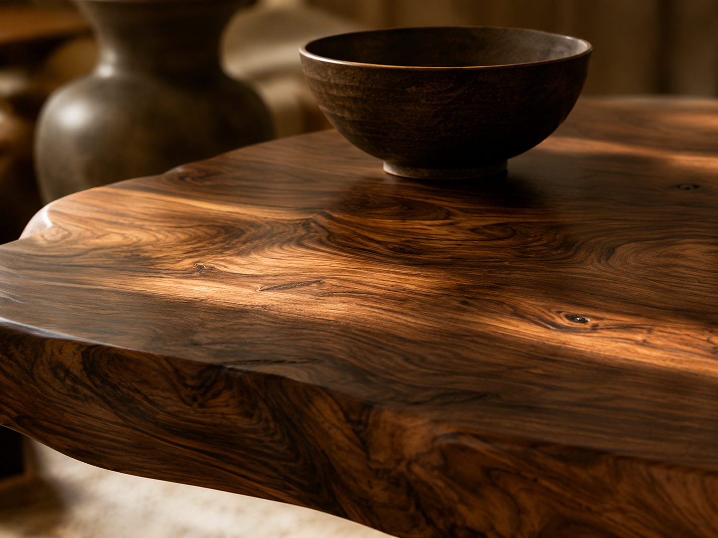 Oiled solid wood table with a dark ceramic bowl