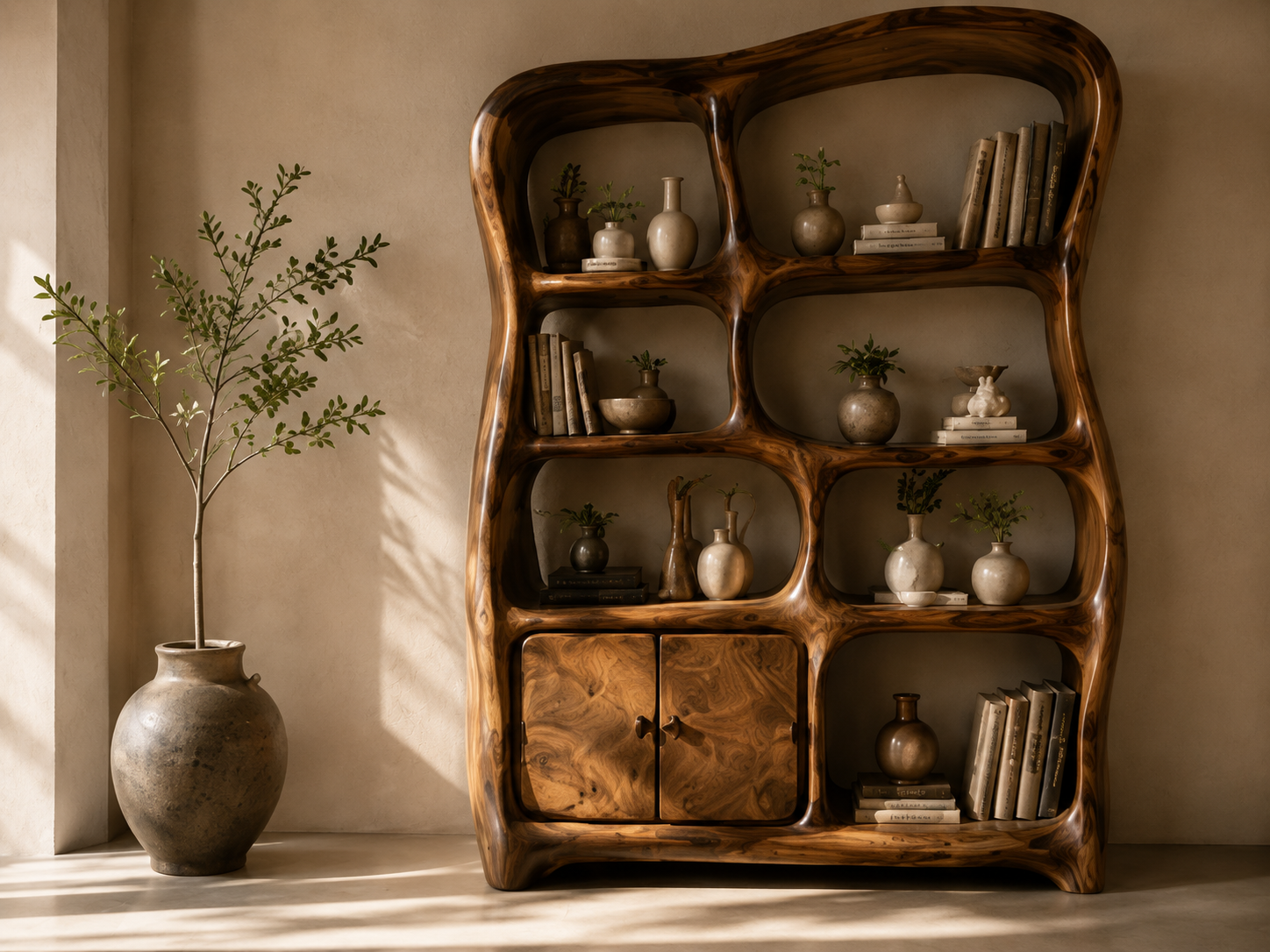 Sculptural solid wood shelving unit styled with ceramics and books