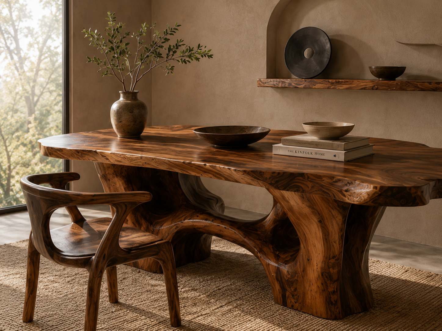 Sculptural solid wood dining table styled in a calm, sunlit interior