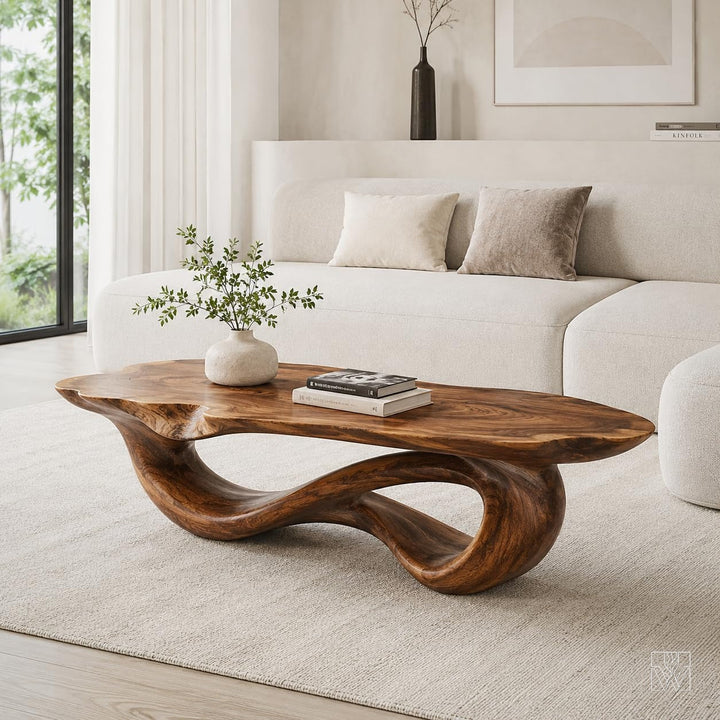 WAZARO Handcrafted Oak Wood Coffee Table - Sculptural Wave Design