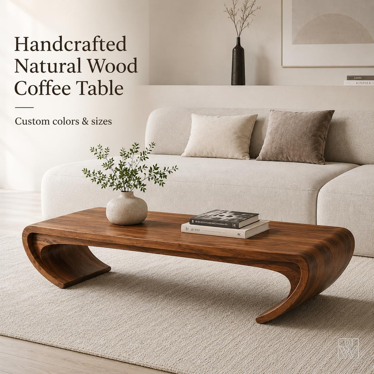 WAZARO Handcrafted Curved Oak Wood Coffee Table