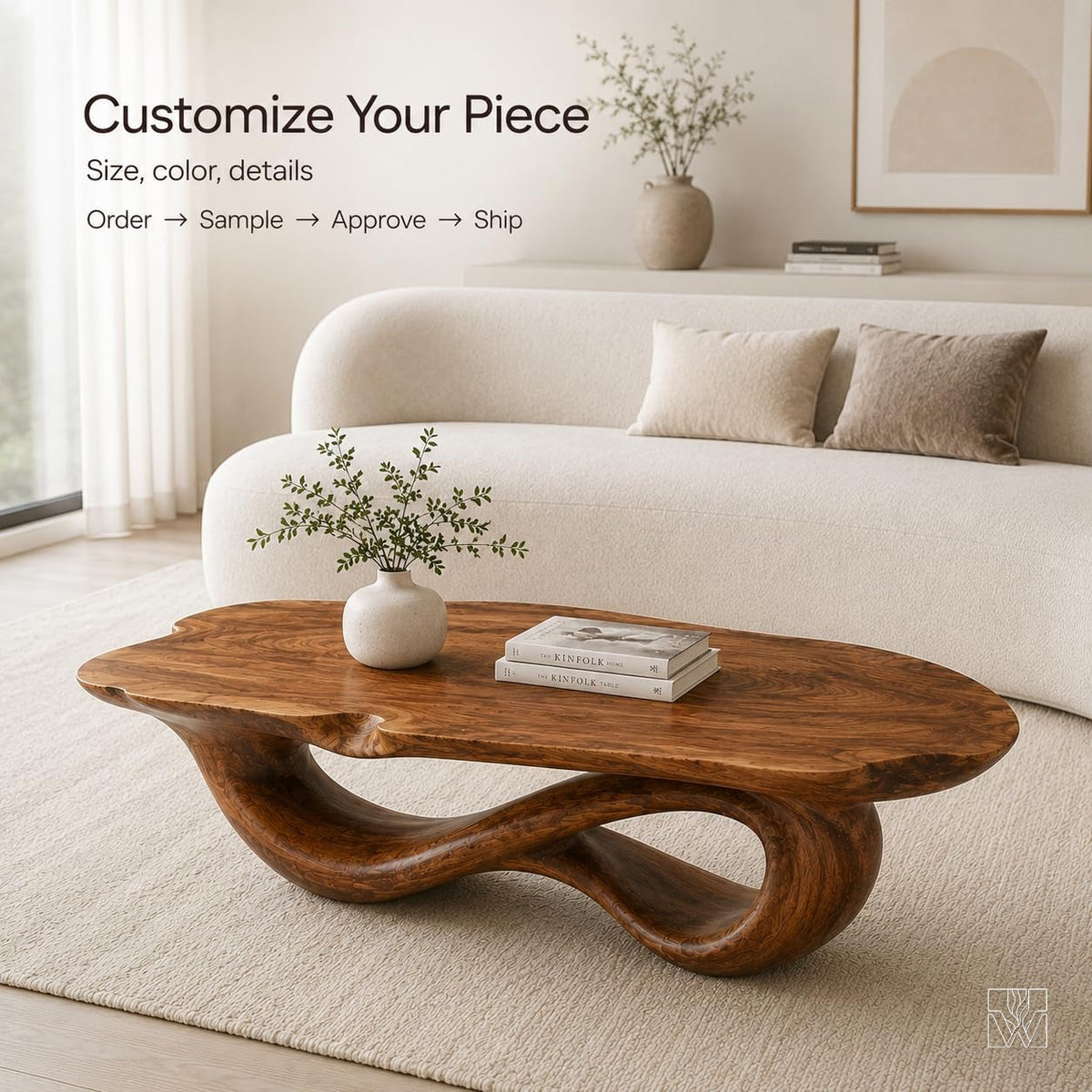 WAZARO Handcrafted Oak Wood Coffee Table - Sculptural Wave Design