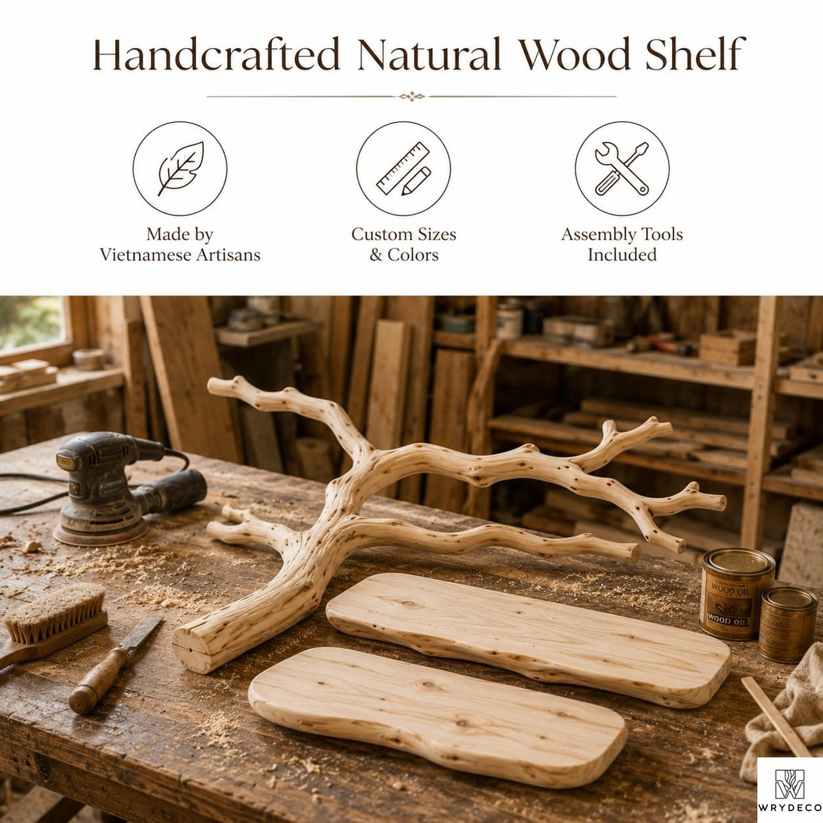 Handcrafted Tree Branch Floating Shelves – Unique Natural Wood Wall Shelf Set, Sculptural Art Display Bookcase for Living Room, Study, Bedroom & Home Library (2 Level Shelves) (C1)