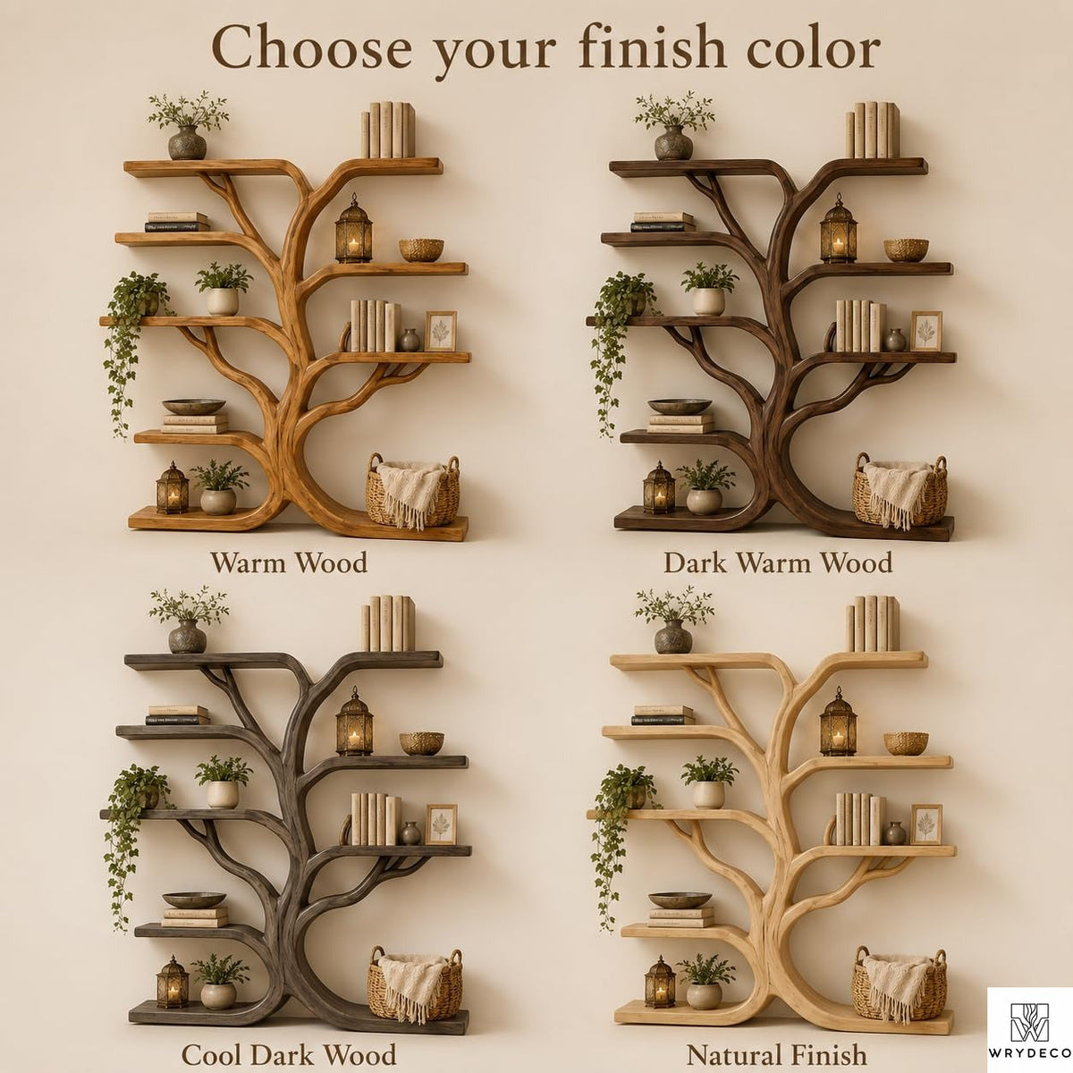 Tree Branch Floor Shelf Solid Wood Bookcase, Wall Mounted Vintage Bookshelf for Rustic Living Room Decor (Option 4)