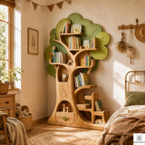 PREAUREUM Handmade Wooden Tree Bookshelf for Kids Room